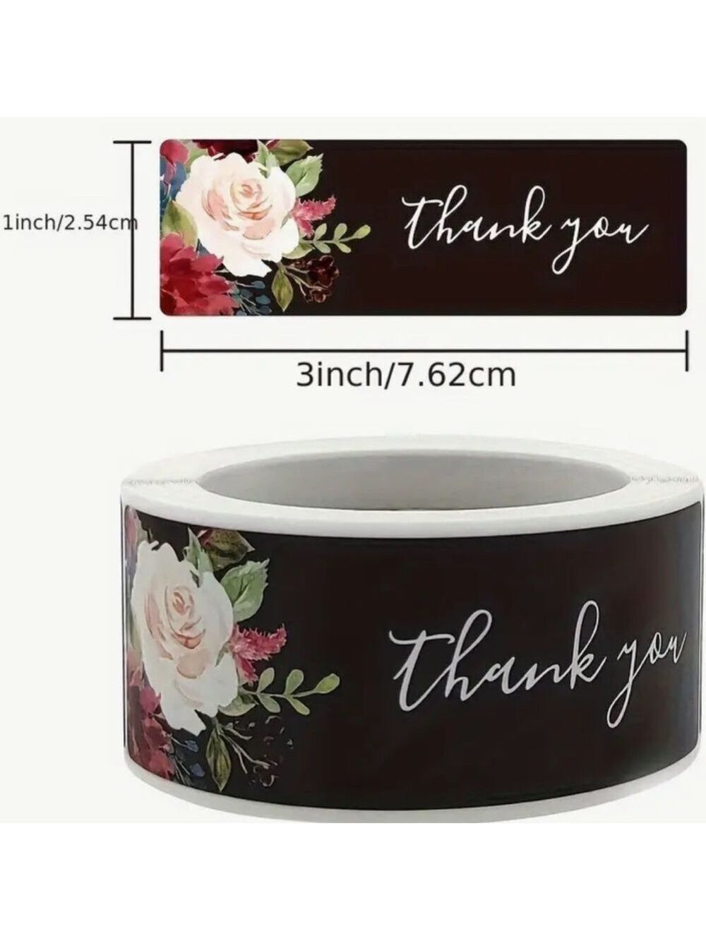 120 Black Floral Thank You Stickers Roll